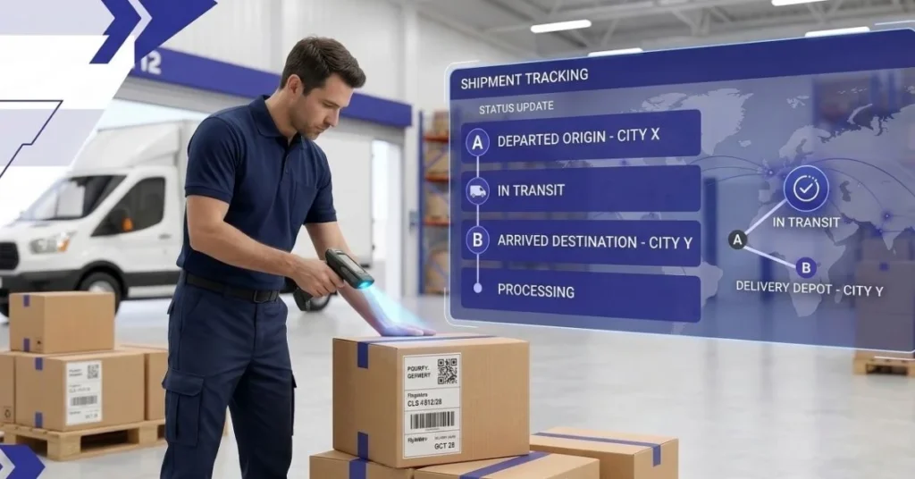 Courier tracking system showing in-transit and exception statuses