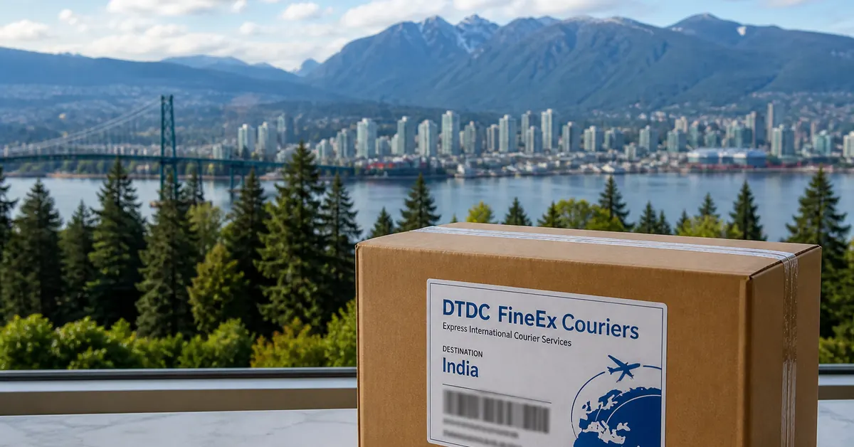 Vancouver and North Shore mountains with a DTDC FineEx Couriers international parcel ready to ship