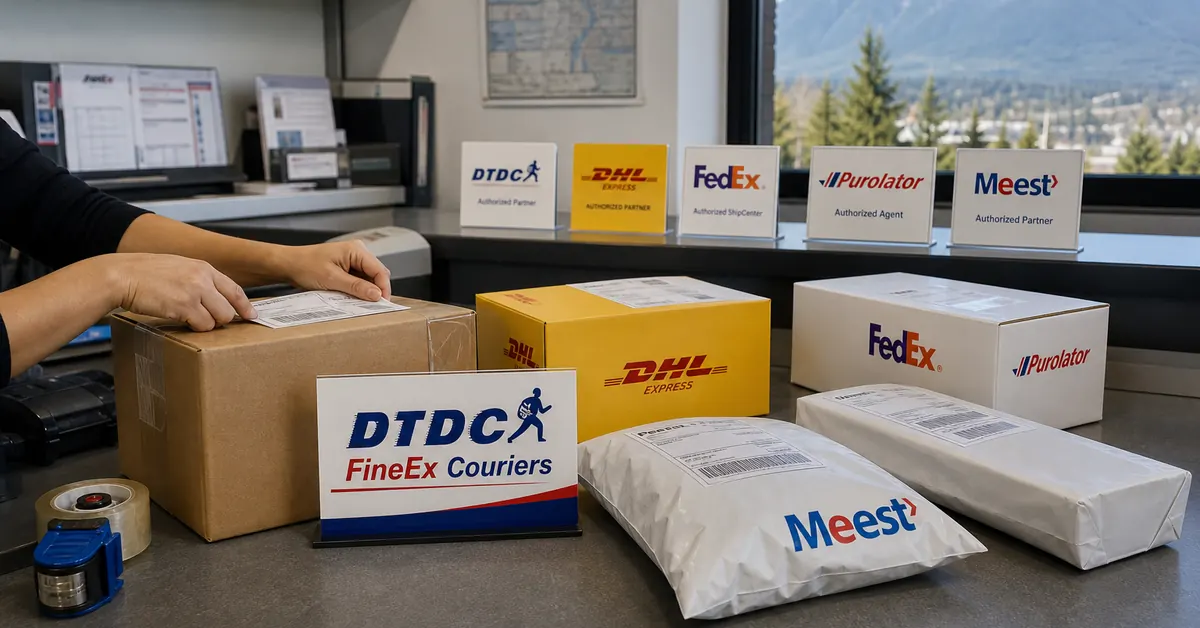 DTDC FineEx Couriers multi-carrier desk with DTDC, DHL, FedEx, Purolator and Meest options