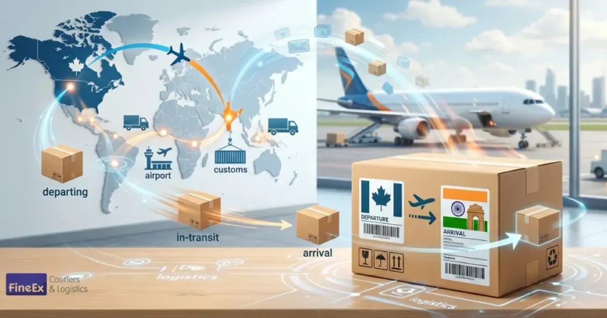 Canada to India courier shipping route and parcel ready for DTDC FineEx Couriers booking