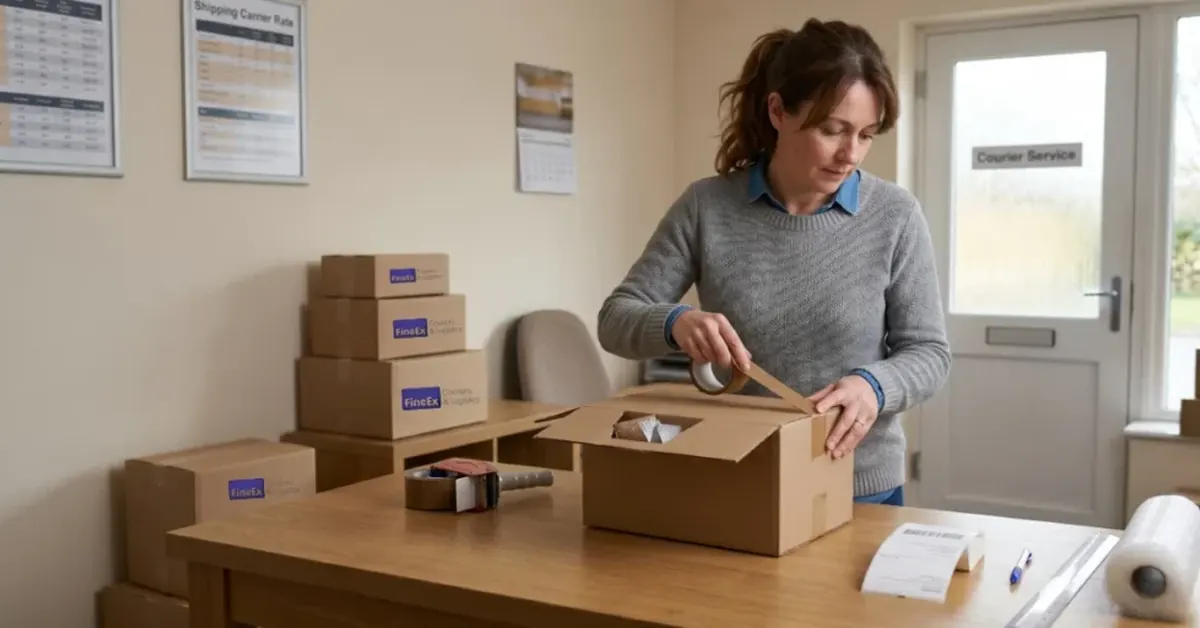 Staff packing a parcel at the DTDC FineEx Couriers Surrey shop