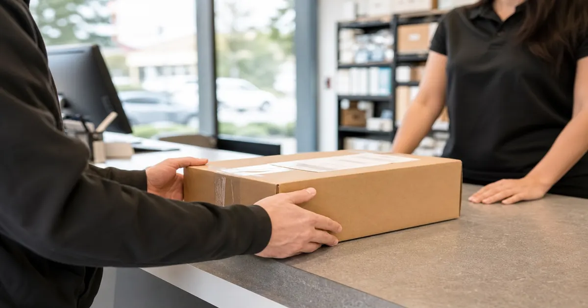 Customer dropping off a sealed parcel at a Surrey courier counter