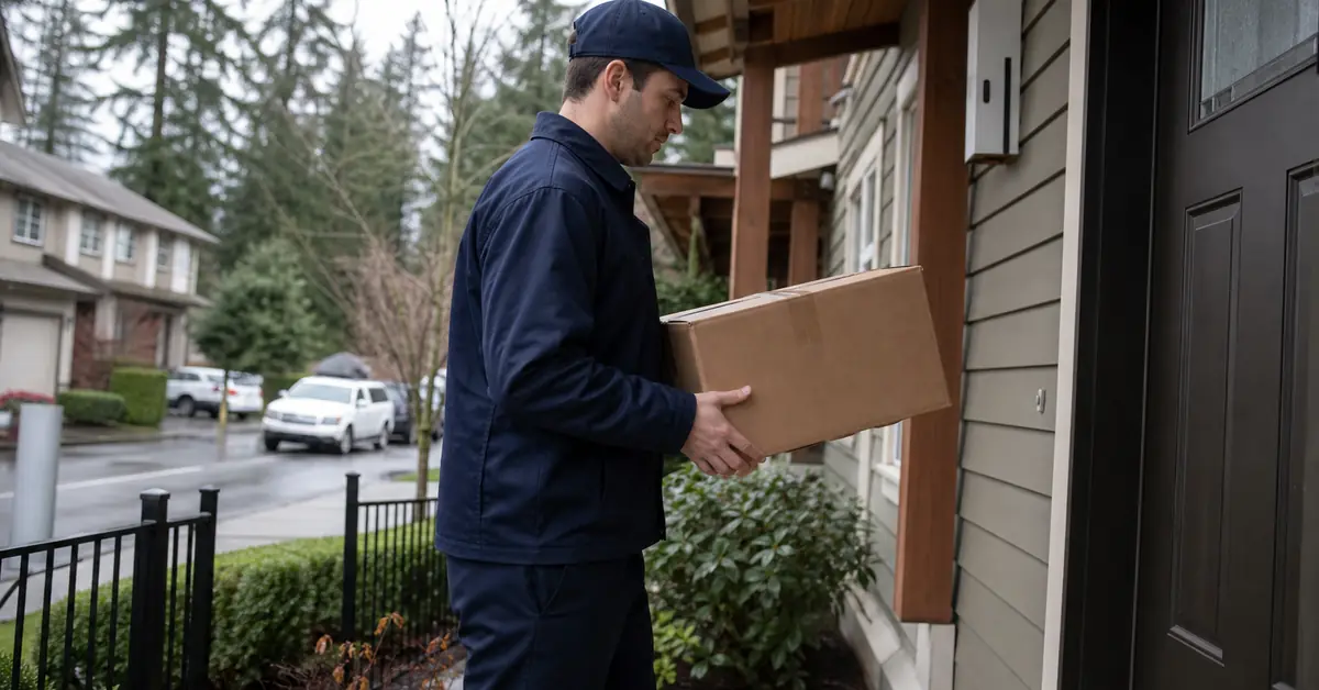 Courier collecting a sealed parcel from a North Vancouver home