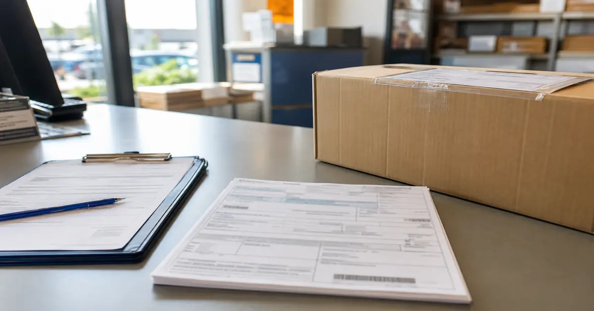 Customs paperwork and packed international parcel on a courier counter