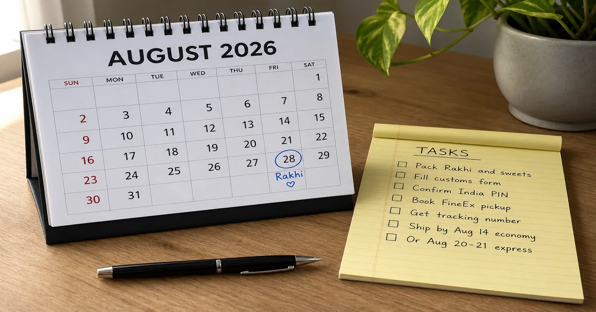 Calendar and shipping checklist used to plan Rakhi courier deadlines
