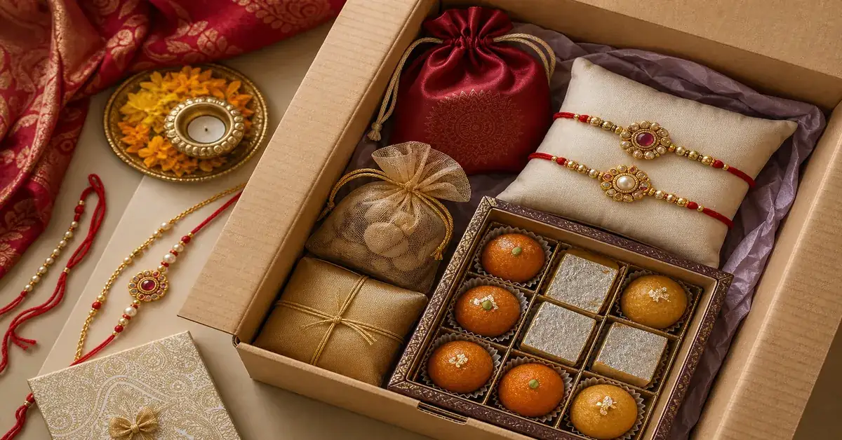 Hands packing Rakhi threads and sealed snacks into a shipping box