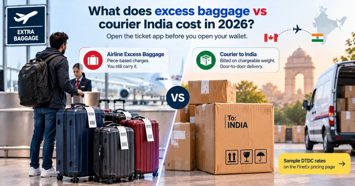 Airline suitcase and courier carton on the same scale for a cost comparison