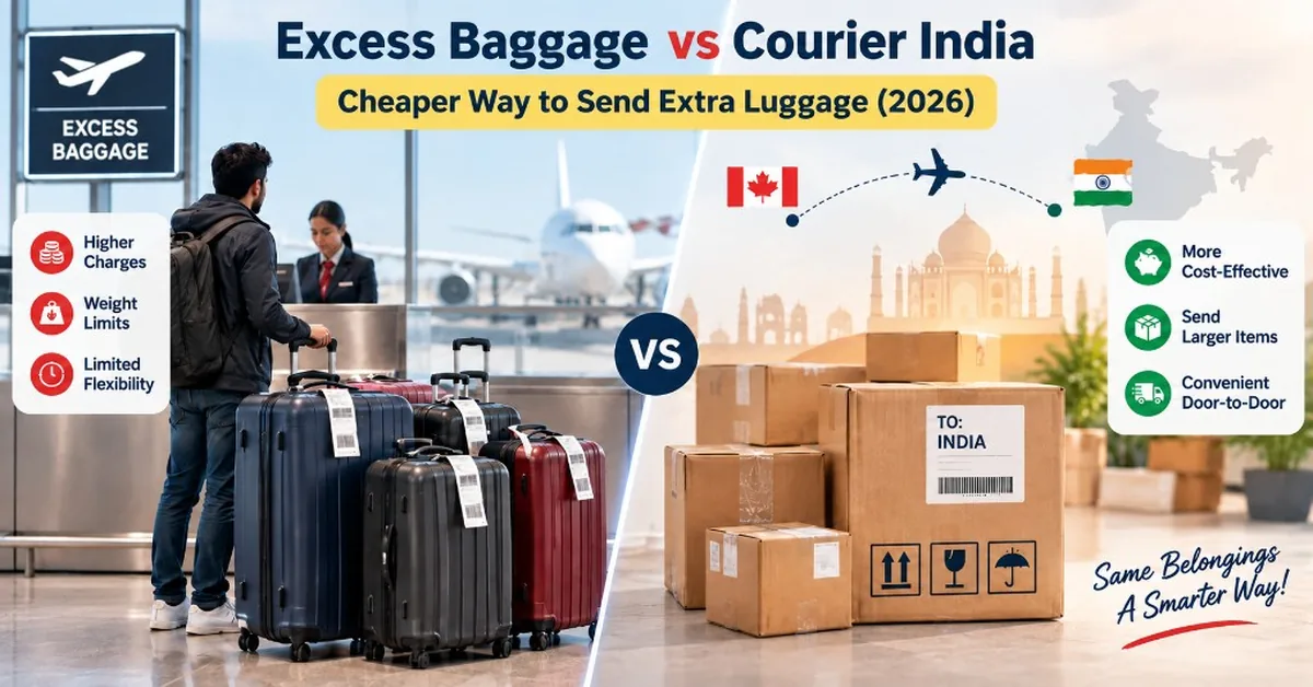 Suitcase and courier cartons on a Surrey counter for shipping to India