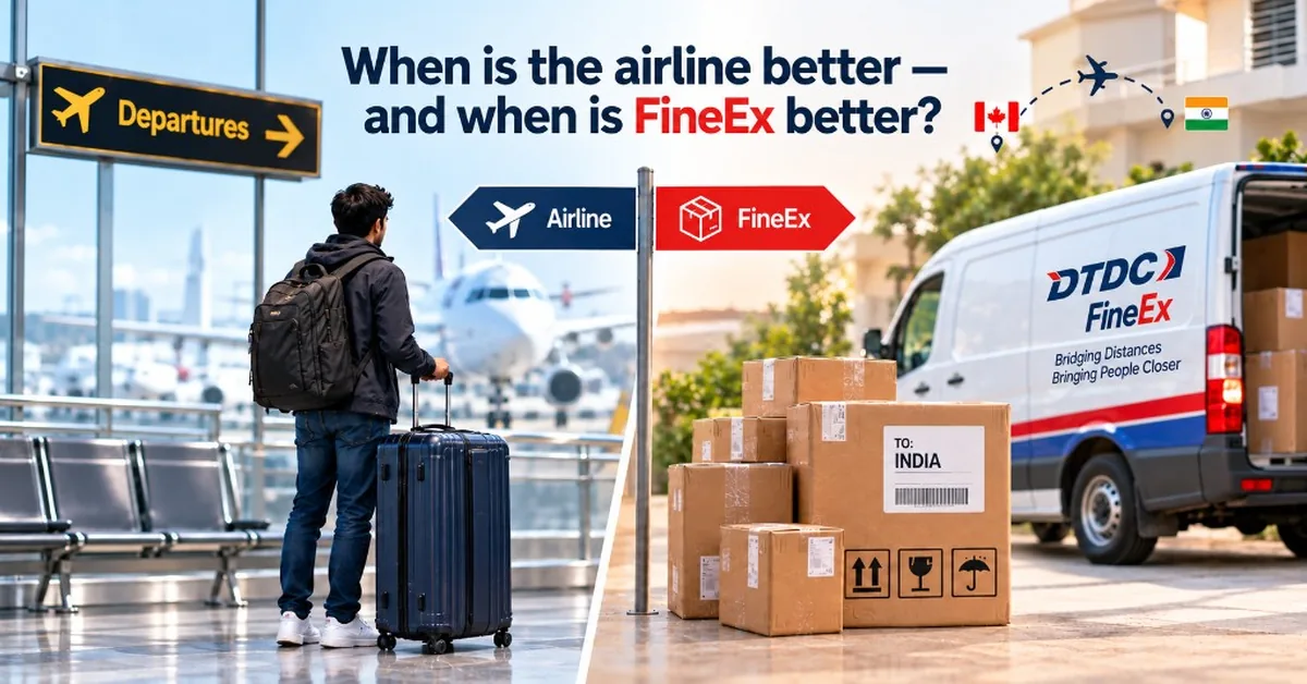 Customer comparing an airline extra-bag fee with a FineEx courier quote
