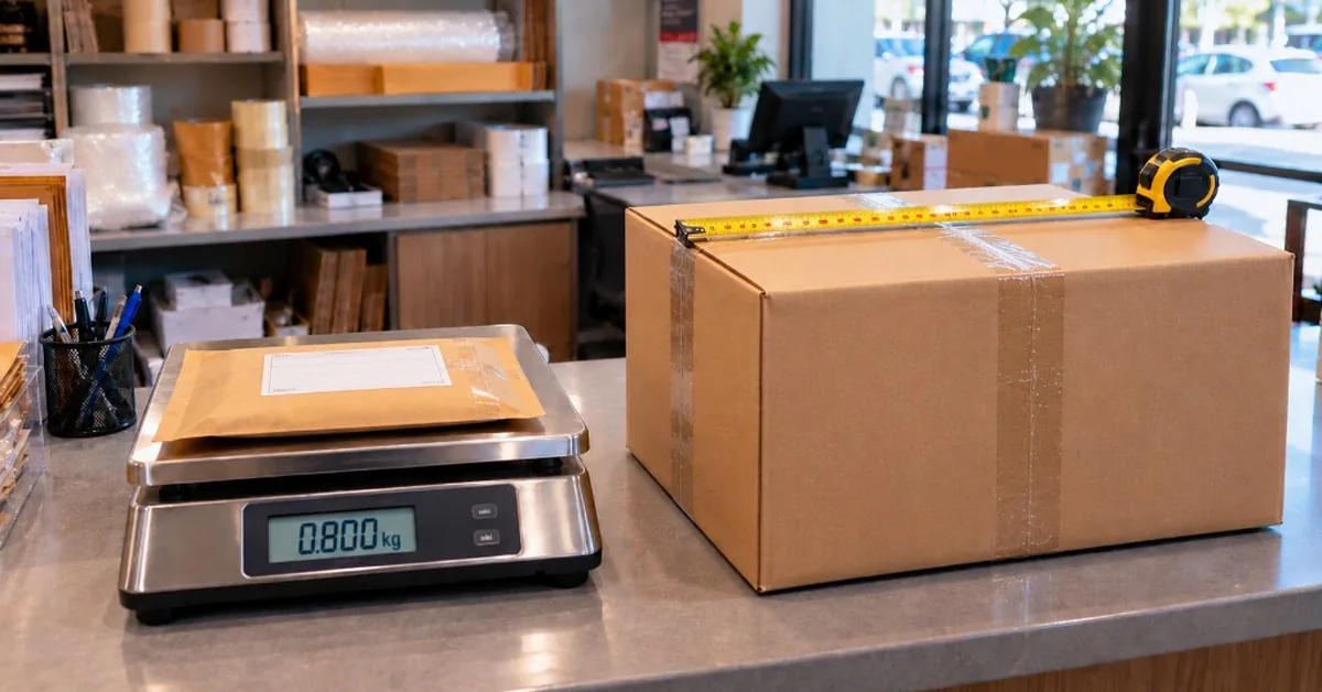 Dense envelope on a scale beside a bulky carton with tape measure — actual vs volumetric weight