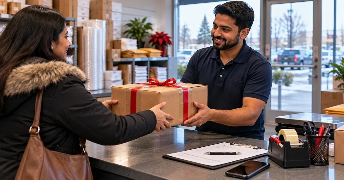 Customer handing Christmas gift carton to FineEx Surrey staff for booking