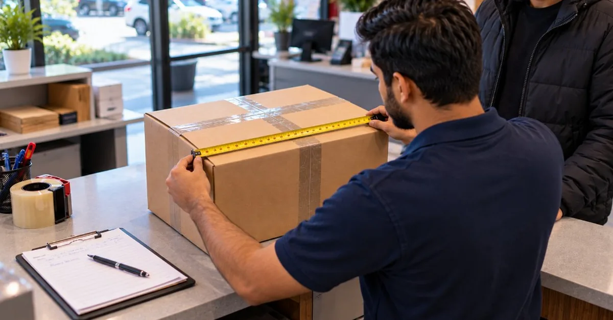 FineEx staff measuring packed carton with tape for L × W × H ÷ 5000