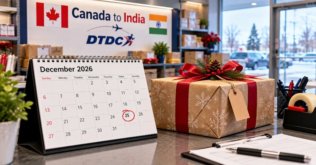 December 2026 calendar with Friday 25 marked for Canada to India Christmas shipping
