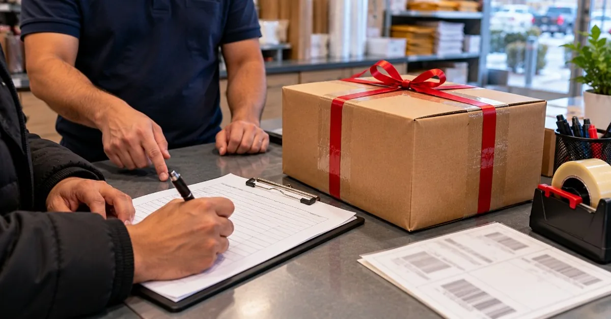 Customer filling honest gift invoice beside Christmas carton at FineEx counter