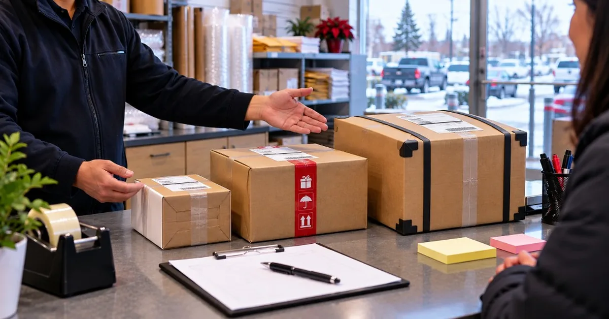 Staff comparing three carton sizes for Christmas ship-by options at Surrey counter
