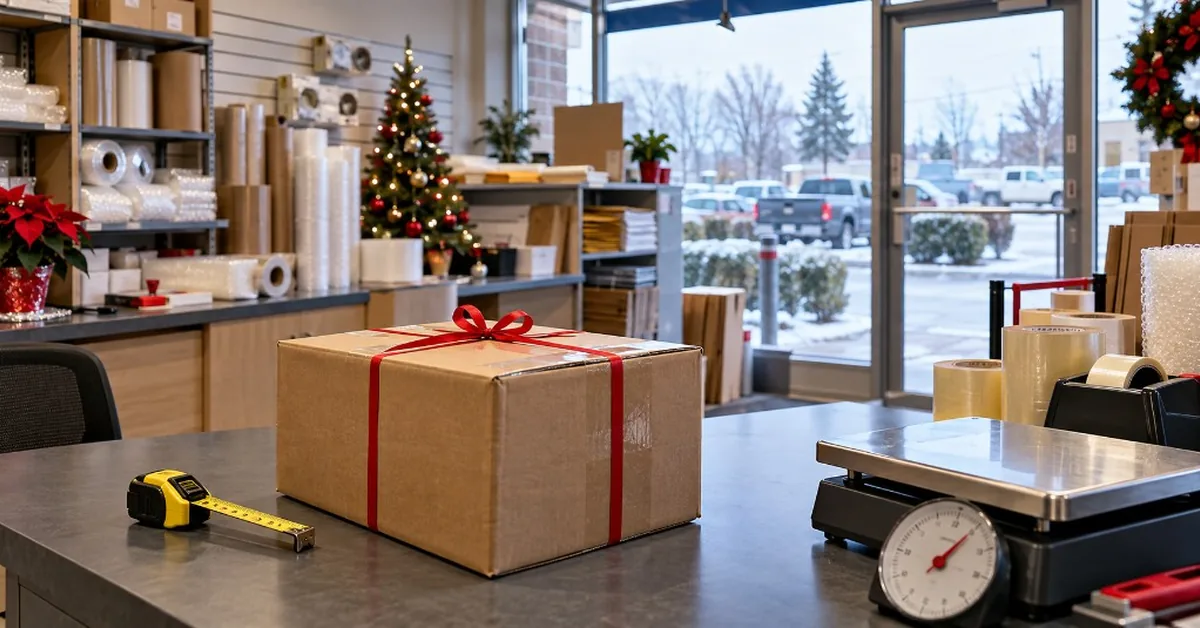 Christmas gift carton at FineEx Surrey ready for Canada to India shipping