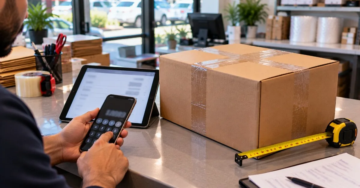 Phone calculator beside measured carton for FineEx billable weight check