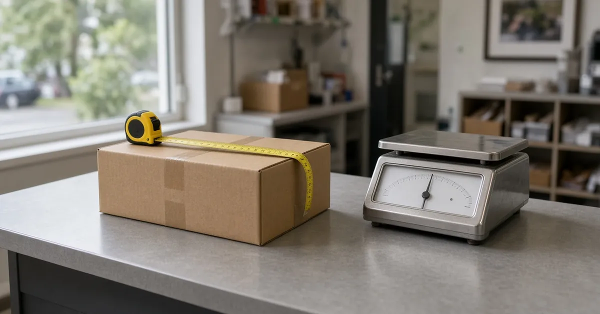 Packed courier carton with tape measure and scale for volumetric vs actual weight