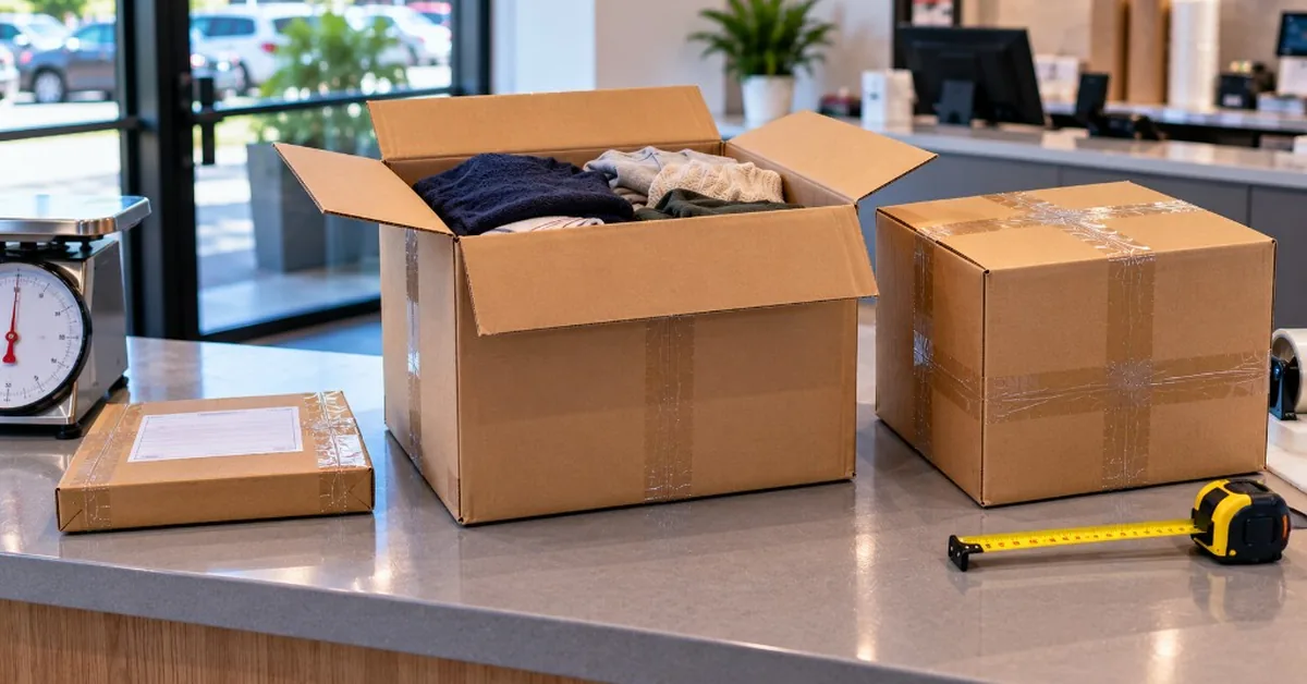 Three FineEx carton examples — documents, open clothes box, tighter sealed pack