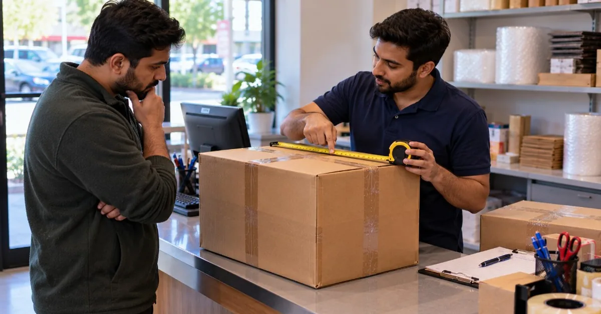 FineEx staff measuring carton while customer learns why size can raise the quote